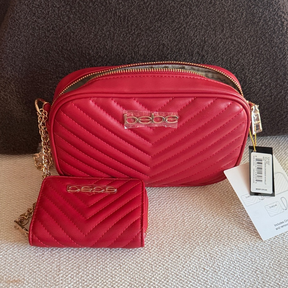 bebe Quilted Red Crossbody Bag with Matching Wallet